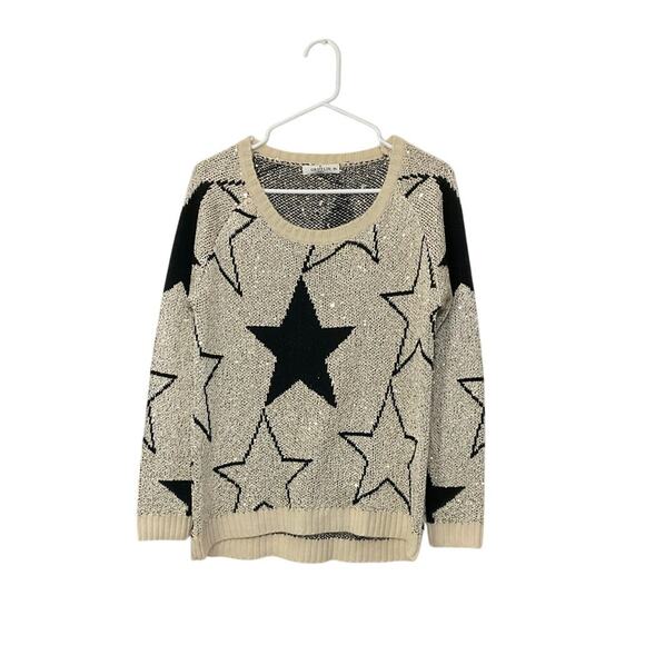 Grifflin Paris Sweaters - Grifflin Paris Wool Blend Sequin & Stars Black Gold Sweater Ribbed Trim Sz L